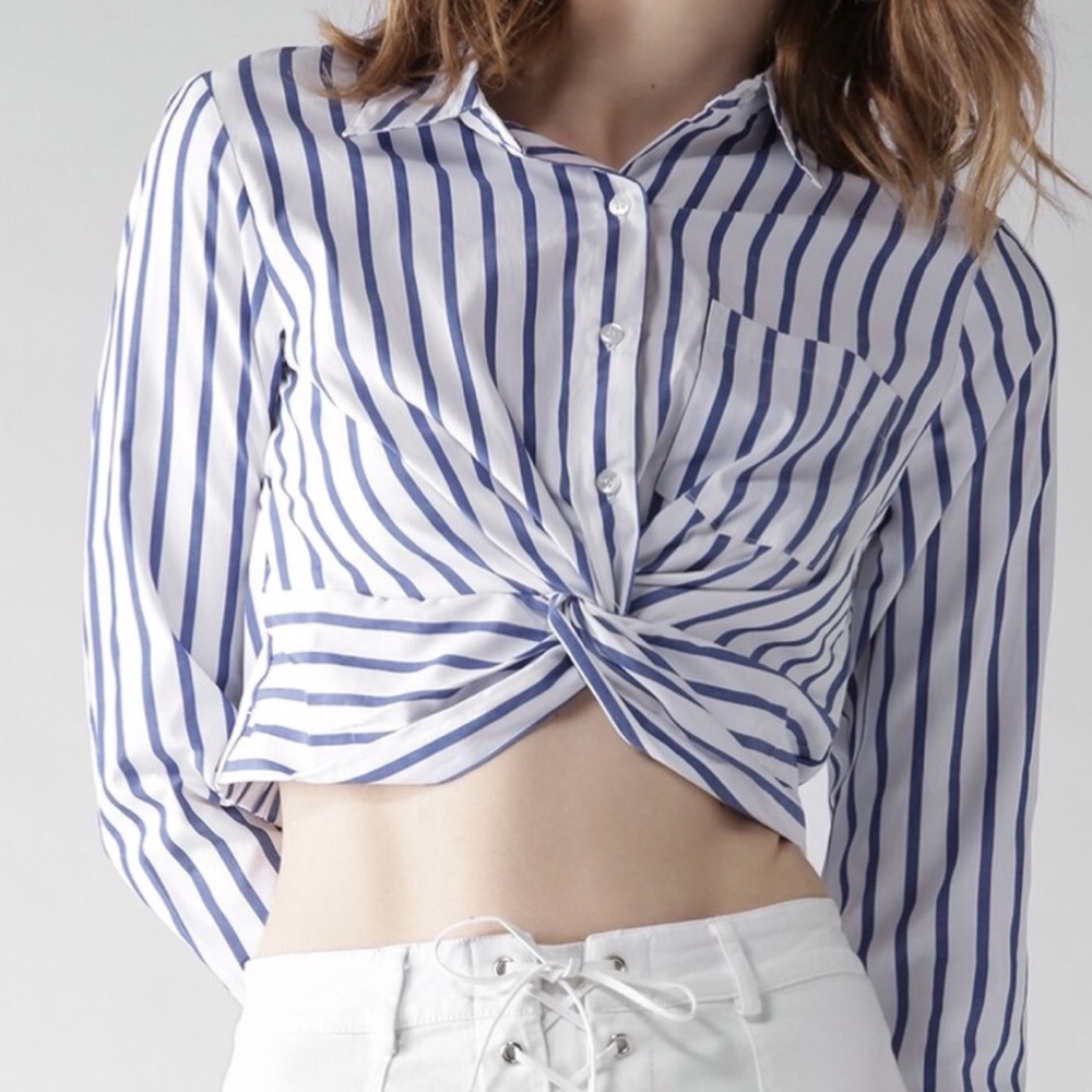 Plus Striped Button Croppy Top